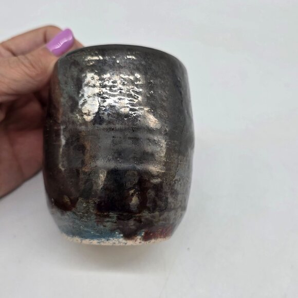 Handcrafted Ceramic Planter Cup With Smoky Glaze Raku Style - Picture 4 of 7